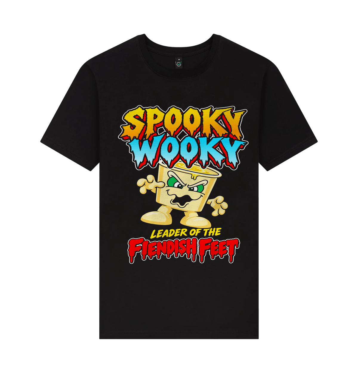 A black short-sleeve crewneck t-shirt featuring a colorful graphic print of a cartoon character and the text 'Spooky Woody Leader of the Fiendish feet'.