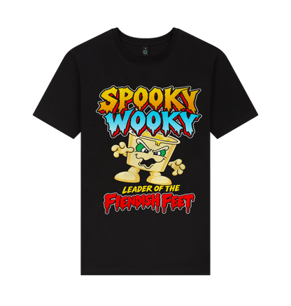 A black short-sleeve crewneck t-shirt featuring a colorful graphic print of a cartoon character and the text 'Spooky Woody Leader of the Fiendish feet'.