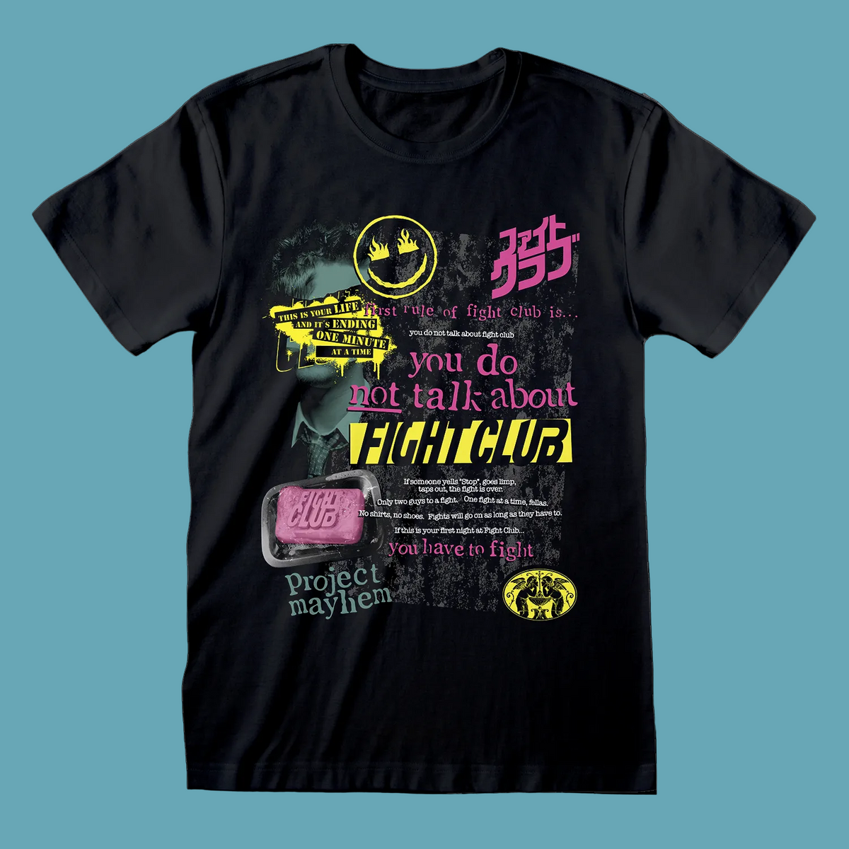 A black short-sleeve graphic t-shirt featuring a distressed, multi-colored print with pink, yellow, and white text and imagery related to Fight Club