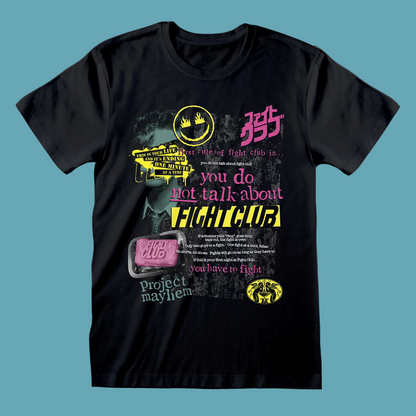 A black short-sleeve graphic t-shirt featuring a distressed, multi-colored print with pink, yellow, and white text and imagery related to Fight Club