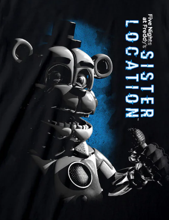 Black t-shirt with a graphic Five Nights At Freddys design of a character holding a microphone and Sister Location text on a white background