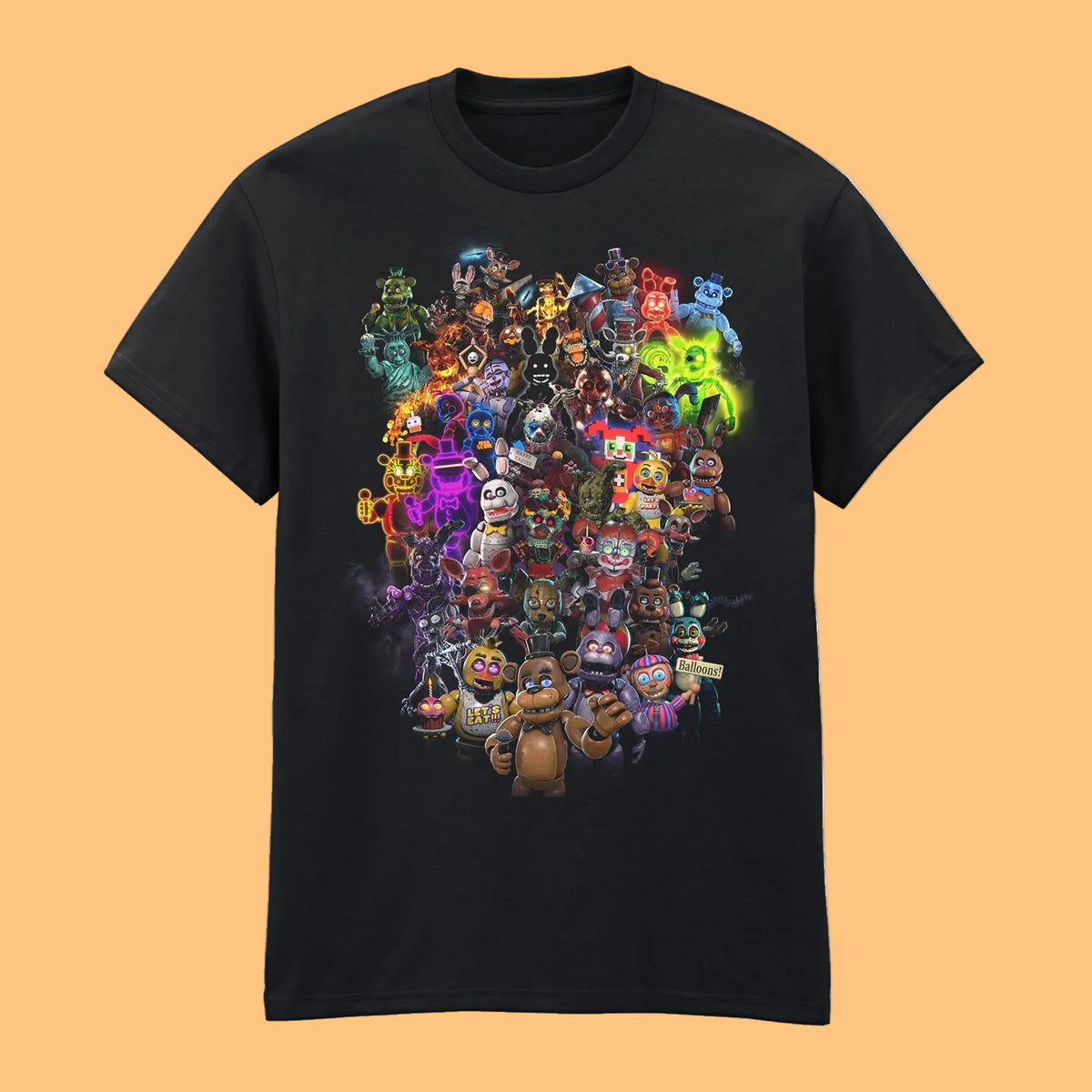 A black short-sleeve crewneck t-shirt featuring a large, vibrant graphic print of numerous colorful cartoon and horror character figures clustered in the center, shown against a plain white background.