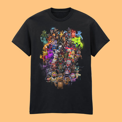 A black short-sleeve crewneck t-shirt featuring a large, vibrant graphic print of numerous colorful cartoon and horror character figures clustered in the center, shown against a plain white background.