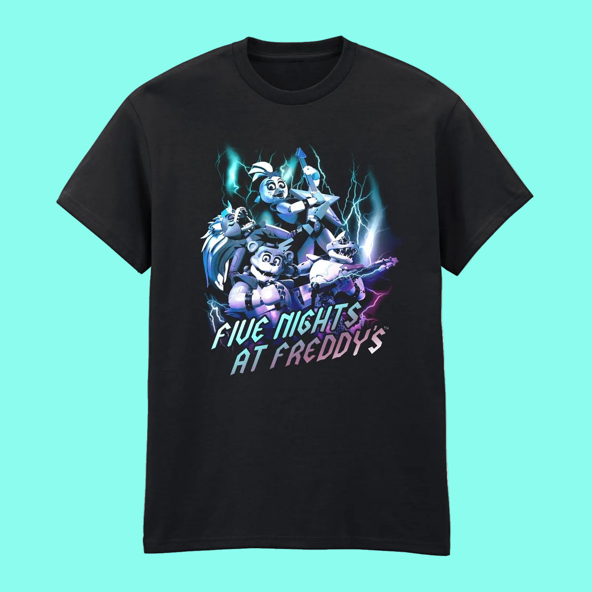 A black short-sleeve crewneck t-shirt featuring a colorful graphic print of cartoon characters and the text 'FIVE NIGHTS AT FREDDY'S' on the front, 