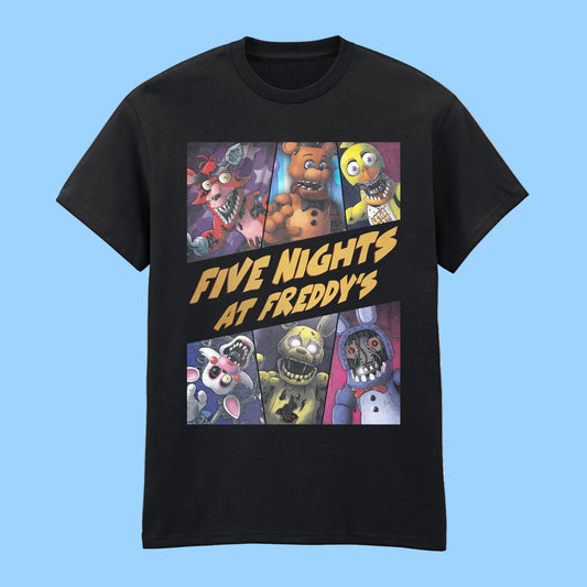 Black t-shirt with 'Five Nights at Freddy's' graphic design featuring cartoon characters 