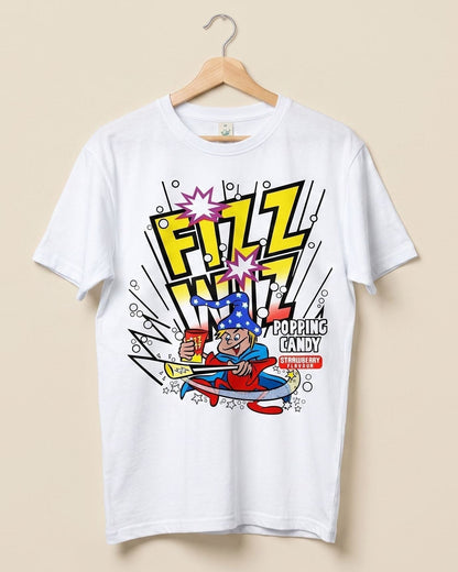 A white short-sleeve t-shirt hanging on a wooden hanger against a solid beige background. The shirt features a colorful comic-style wizard graphic on the front with the words 'FIZZ WIZ' in bold yellow letters,