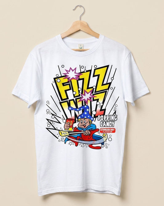 A white short-sleeve t-shirt hanging on a wooden hanger against a solid beige background. The shirt features a colorful comic-style wizard graphic on the front with the words 'FIZZ WIZ' in bold yellow letters,