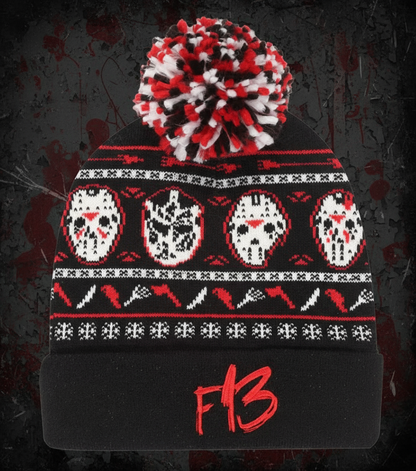 Officially Licensed Friday the 13th Black beanie with red, white, and black pom-pom 