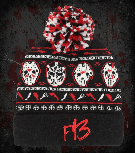 Officially Licensed Friday the 13th Black beanie with red, white, and black pom-pom 