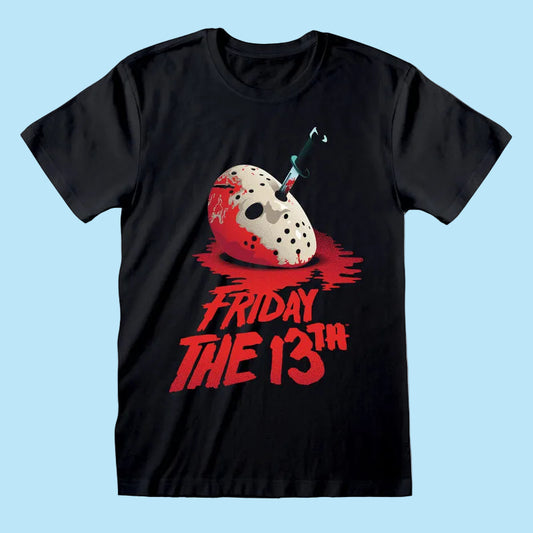 A black short-sleeve t-shirt featuring a graphic of a blood-splattered hockey mask with a knife in its eye, above the distressed red text 'FRIDAY THE 13TH'.