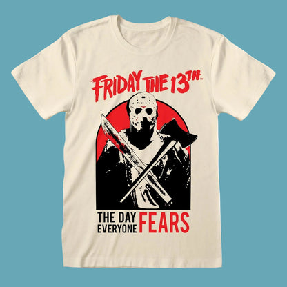An off-white short-sleeve t-shirt featuring a graphic print of Jason Voorhees from Friday the 13th, with red and black text reading 'FRIDAY THE 13TH' and 'THE DAY EVERYONE FEARS'.