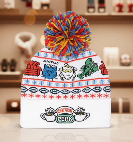 Friends Colourful beanie with cartoon characters and 'Central Perk' logo 