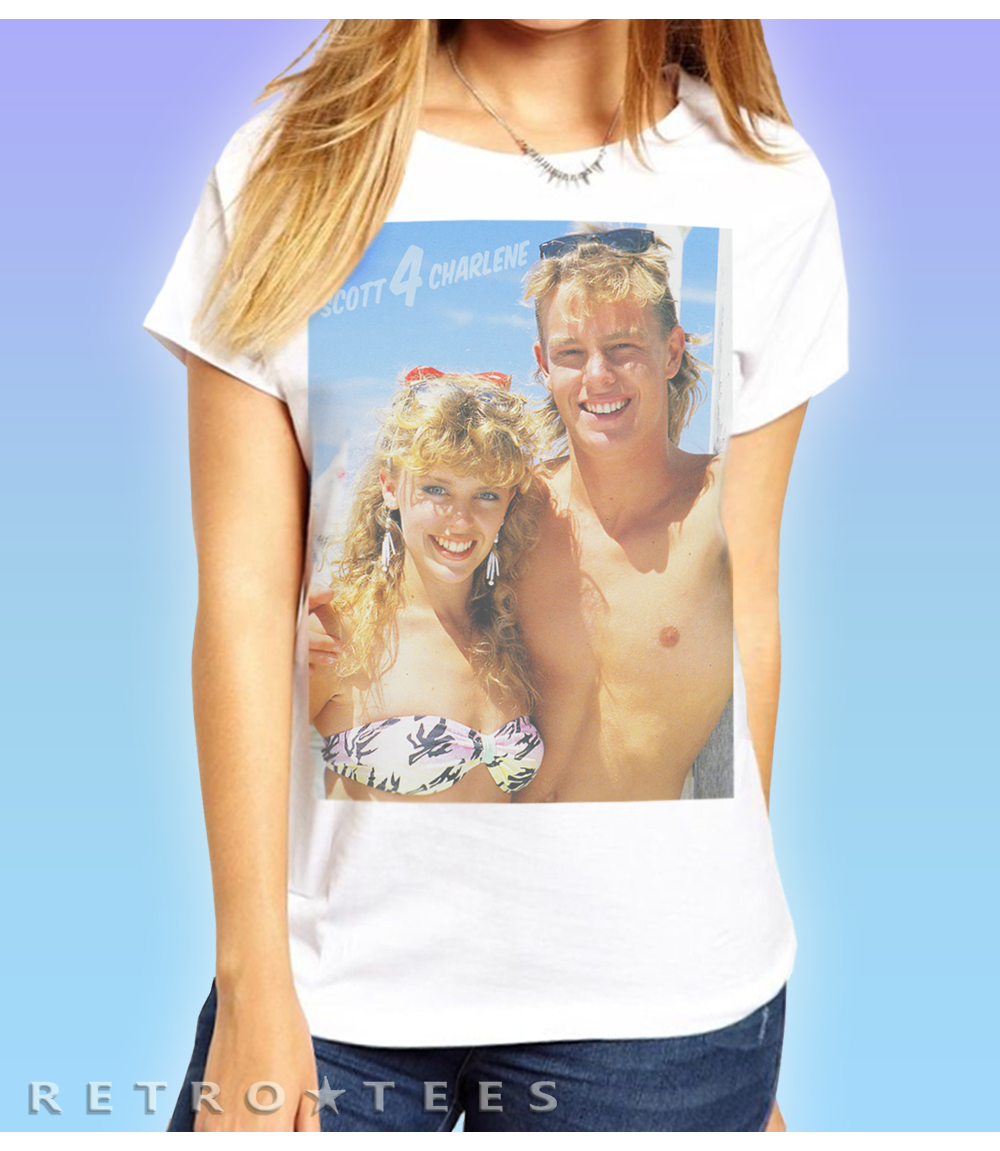 Retro Tees mens unisex white short sleeve t shirt featuring Neighbours TV show Scott and Charlene beach design