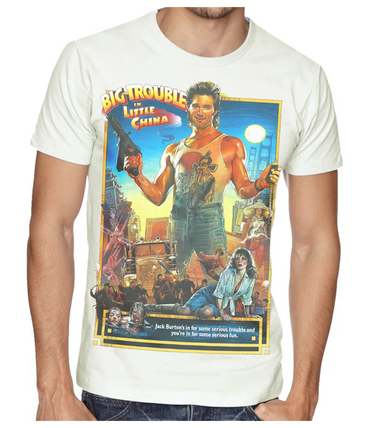Man wearing Retro Tees unisex white short sleeve crew neck t-shirt with Big Trouble in Little China movie poster design on the front