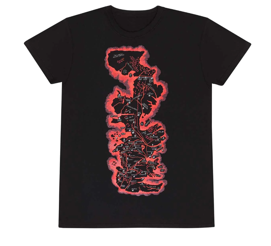 Short sleeve black t-shirt featuring House of Dragon Map in red, black and grey. 