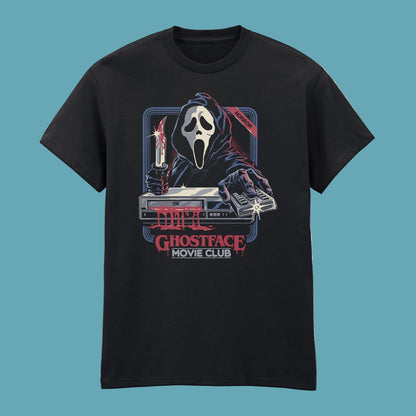 Black t-shirt with 'Ghostface Movie Club' graphic design