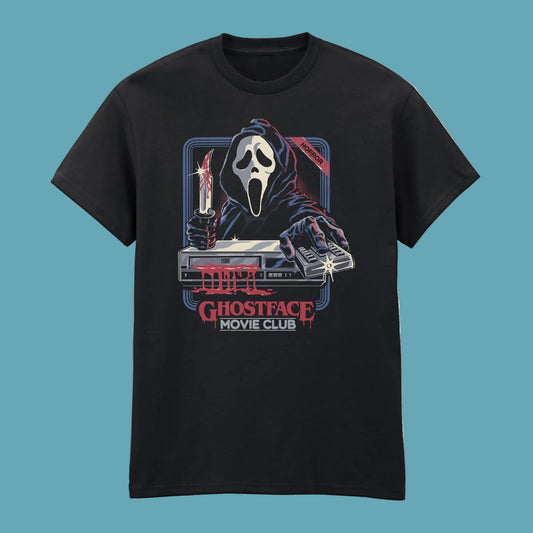 Black t-shirt with 'Ghostface Movie Club' graphic design
