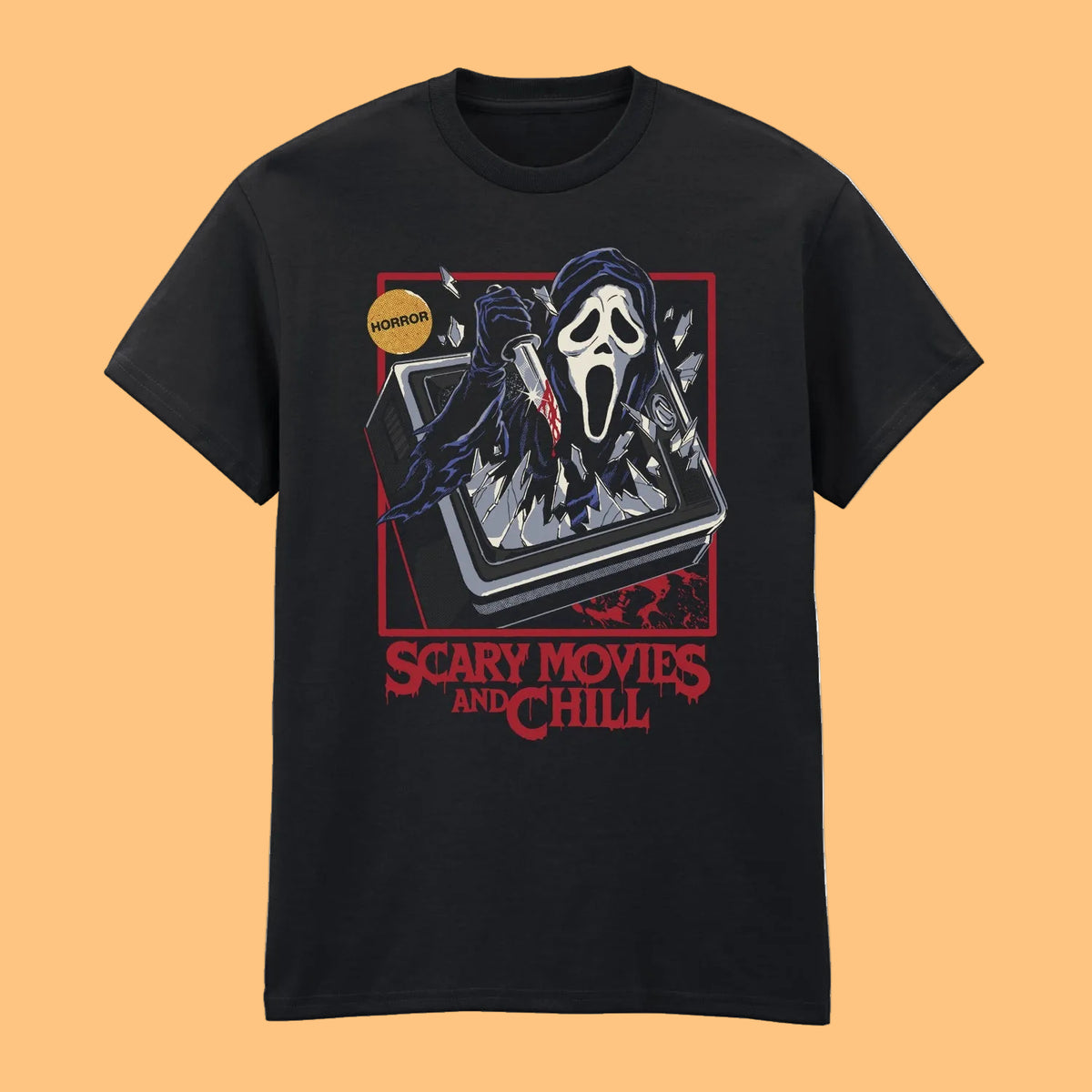 Black t-shirt with 'Scary Movies and Chill' graphic design featuring a mask and text.