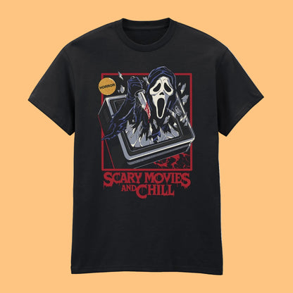 Black t-shirt with 'Scary Movies and Chill' graphic design featuring a mask and text.