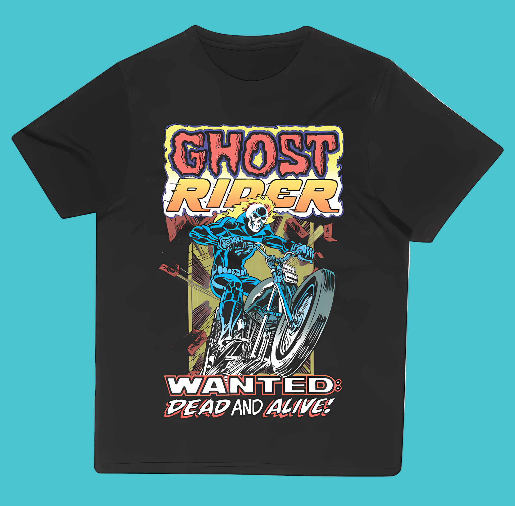 Official Marvel Black t-shirt with Ghost Rider graphic design on a white background