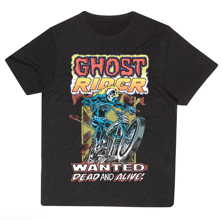 Black t-shirt with Ghost Rider graphic design on a white background