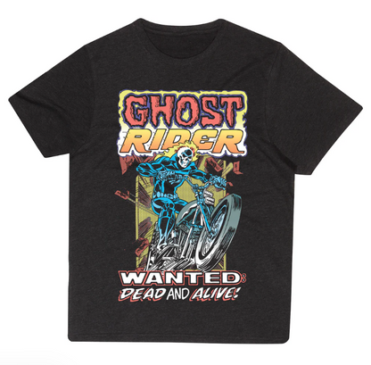 Black t-shirt with Ghost Rider graphic design on a white background