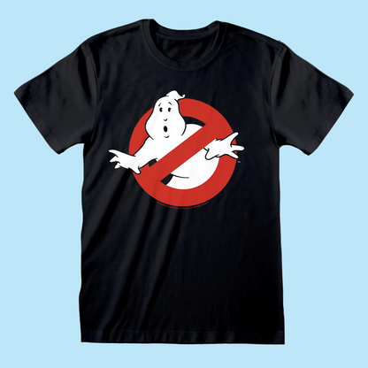 Black t-shirt with Ghostbusters logo featuring a ghost in a red circle with a line through