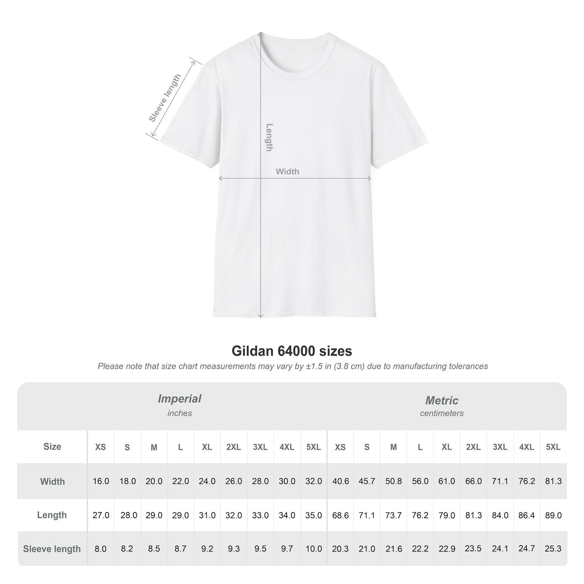 White t-shirt with size chart measurements on a white background