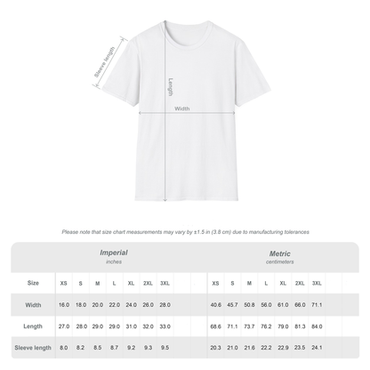 White t-shirt with measurement chart on a white background