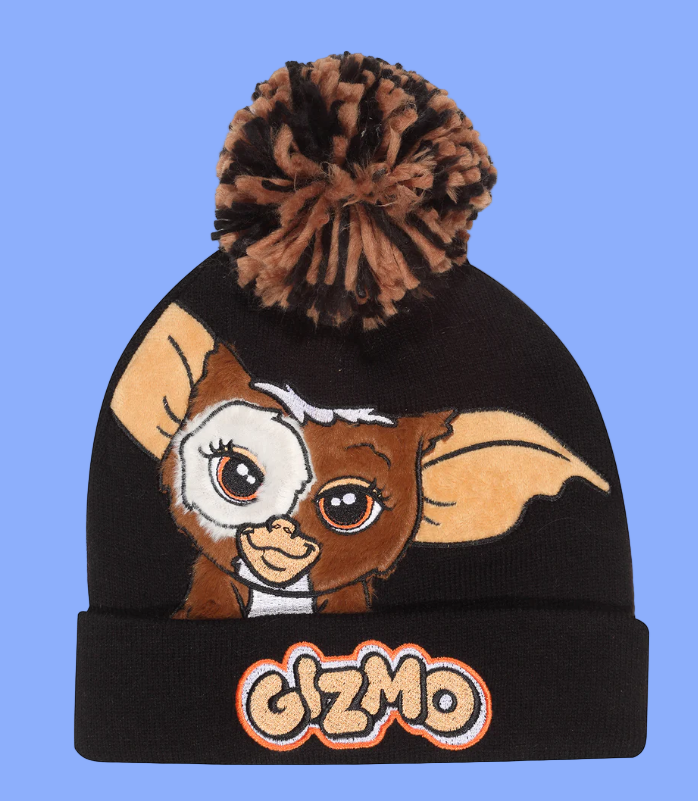 Black beanie with Gizmo from Gremlins design and brown pom-pom 
