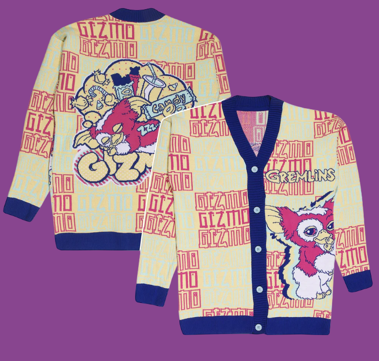 Gremlins Gizmo character design on a multi colour unisex knit cardigan with front and back gizmo design 