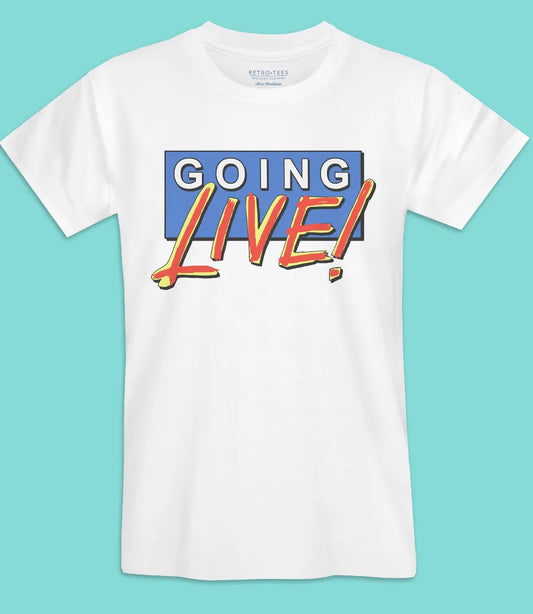 Men's Unisex white t shirt featuring Going Live 80s TV logo