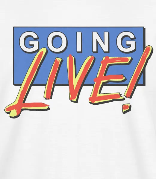 close up of Men's Unisex white t shirt featuring Going Live 80s TV logo