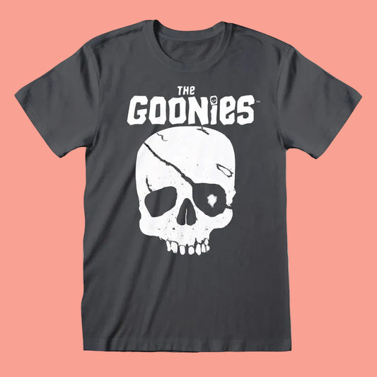Black t-shirt with white skull design and 'The Goonies' text