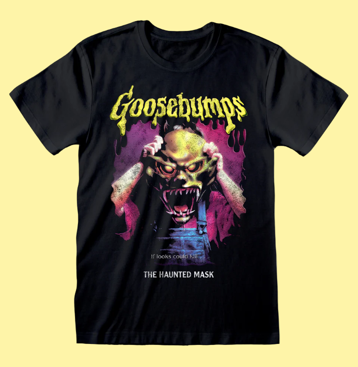 Black t-shirt with 'Goosebumps' and 'The Haunted Mask' graphic design on a white background