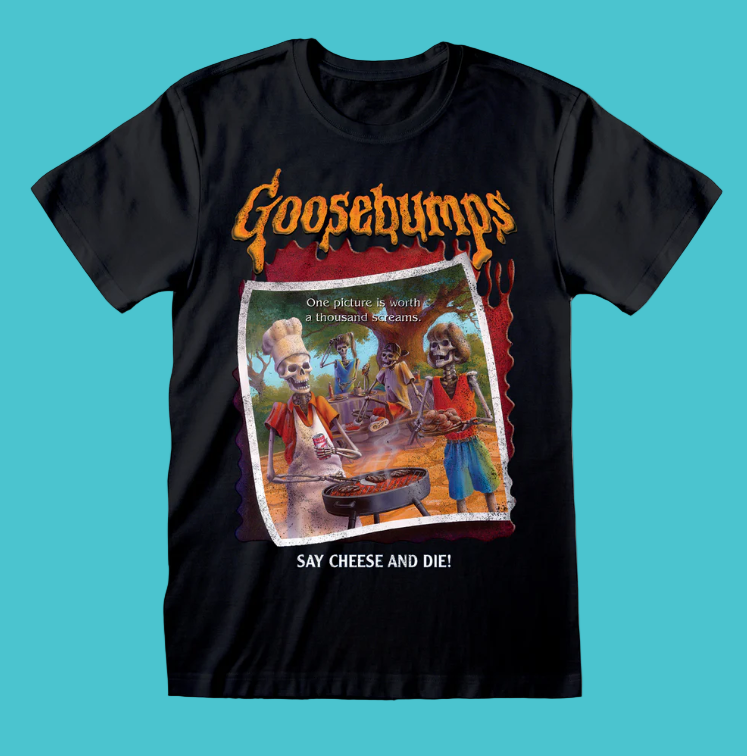 Black t-shirt with 'Goosebumps' graphic design featuring skeletons picnic photo with text "Say Cheese And Die!"