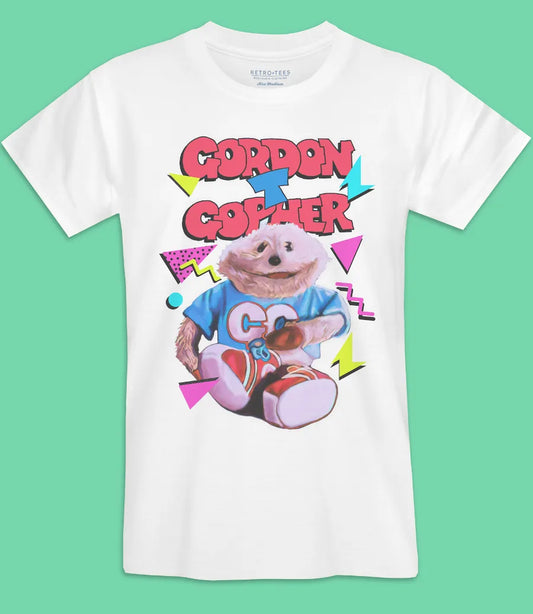 Retro Tees men's short sleeve white t-shirt  featuring cute Gordon T Gopher image with retro background shapes and Gordon T Gopher text