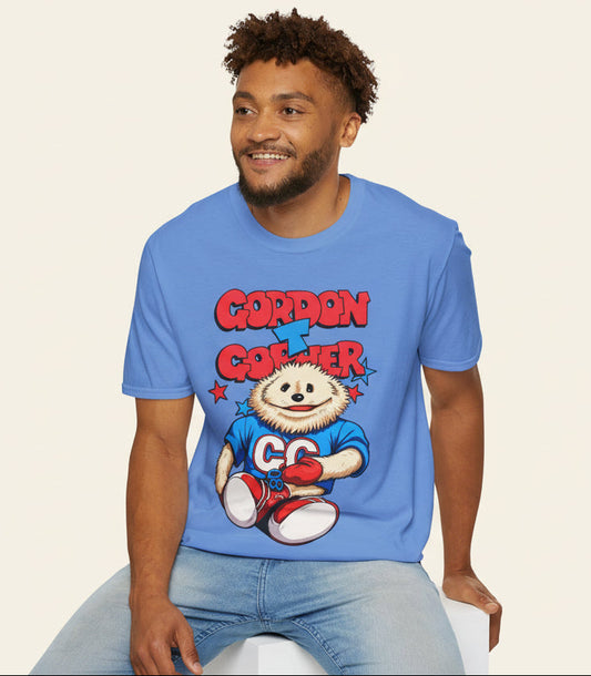 Man wearing a blue t-shirt with a cartoon Gordon the Gopher character and text 