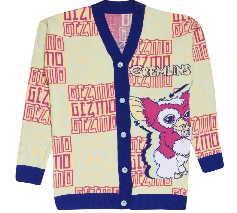Cardigan with 'Gremlins' character and text design on a white background