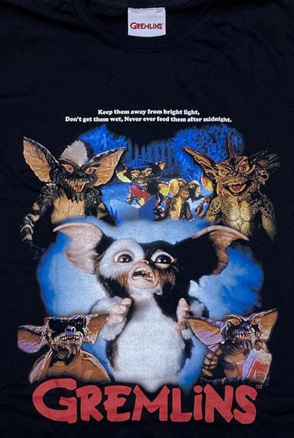 Short sleeve Black t-shirt with Gremlins retro movie poster Gizmo and Stripe characters and Gremlins text 