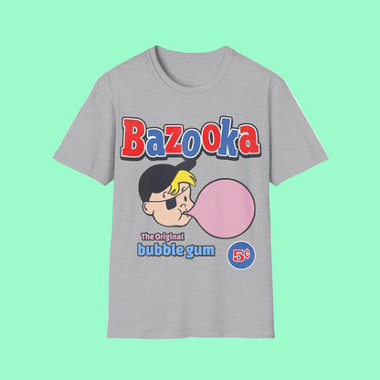 Grey short sleeve t-shirt with Bazooka bubble gum graphic, retro nostalgia