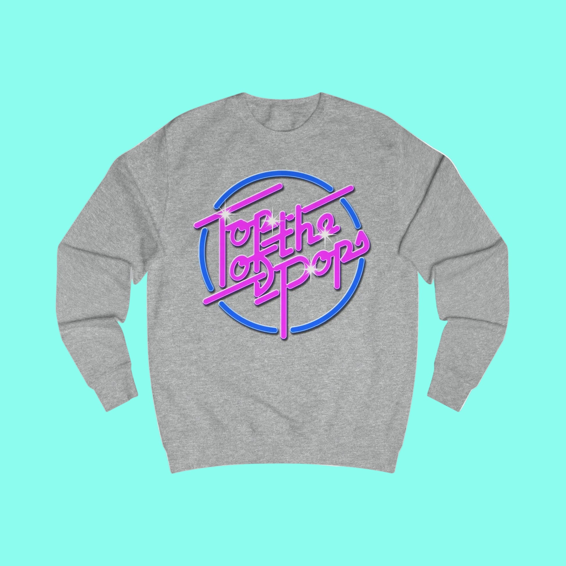Grey sweatshirt with 80s 'Top of the pops' text design