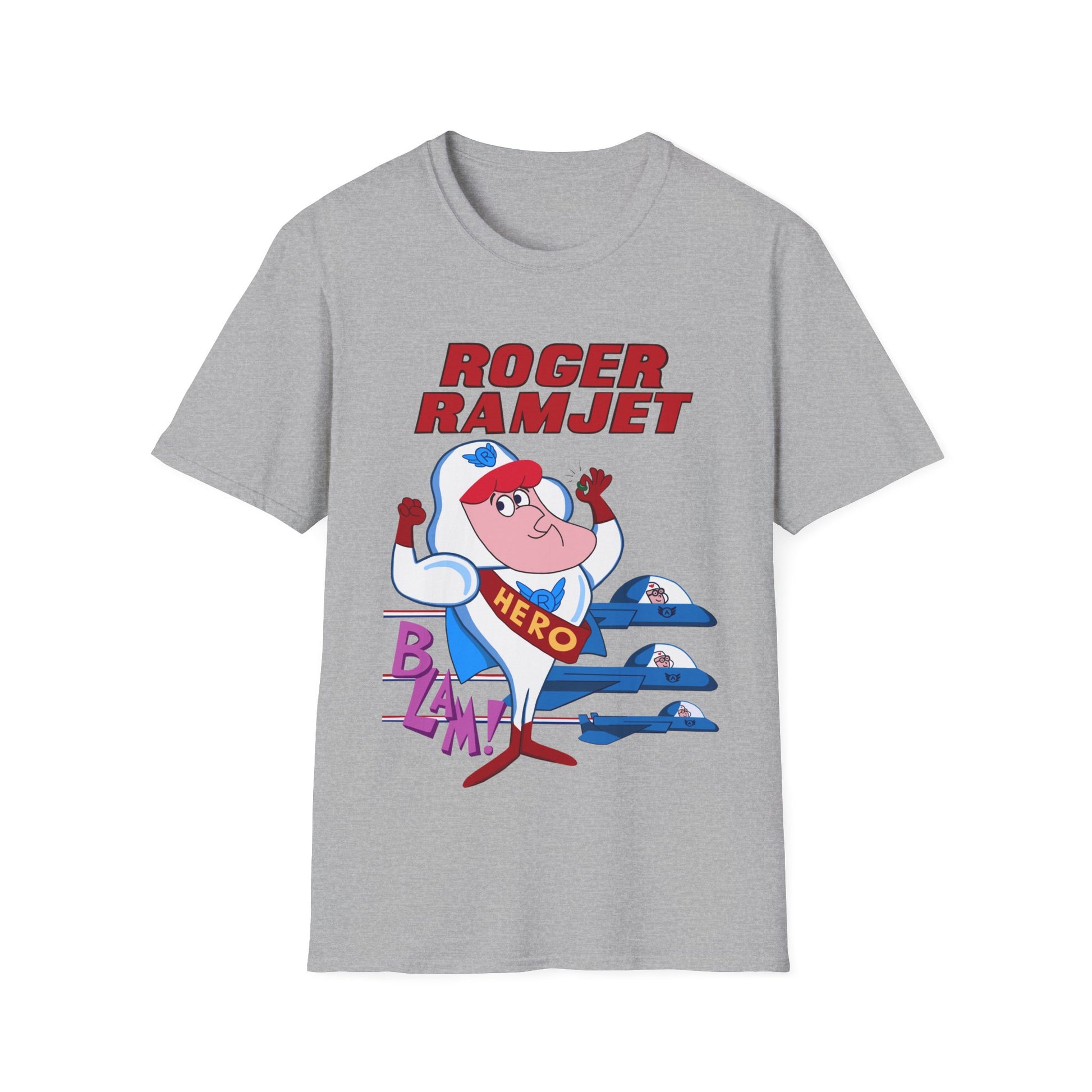 Gray t-shirt with Roger Ramjet graphic design on a white background
