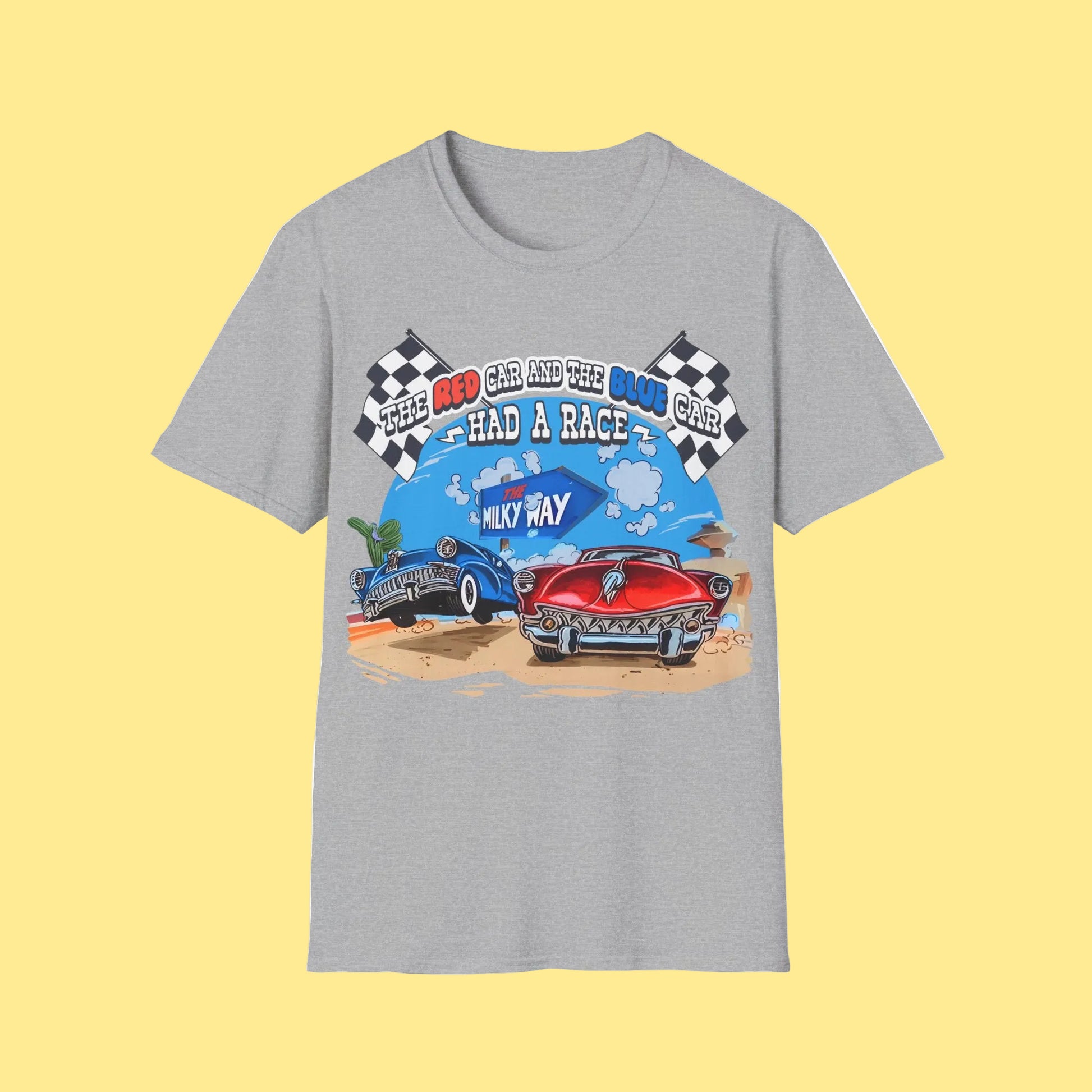 Grey t-shirt with a graphic of The red car and the blue car had a race around the Milky Way