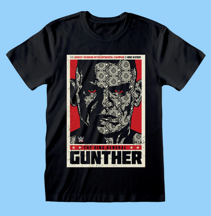 Black t-shirt with a graphic design of a wrestler's face and 'Gunther' text on a white background