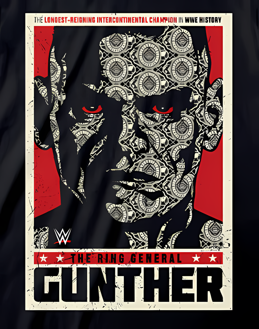 WWE official poster of Gunther The Ring General with intricate patterns and red accents on a black background