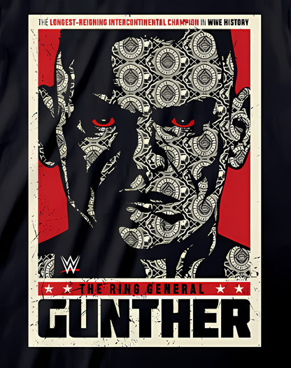 WWE official poster of Gunther The Ring General with intricate patterns and red accents on a black background