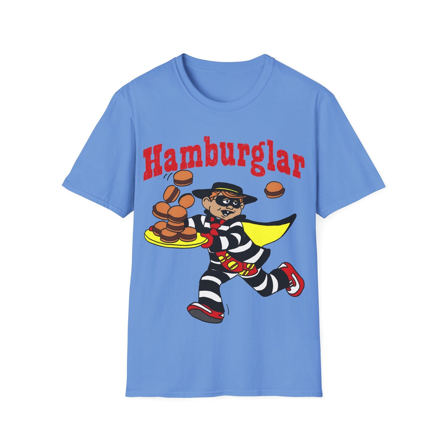 Blue t-shirt with a cartoon character holding hamburgers and the word 'Hamburglar' on a white background.