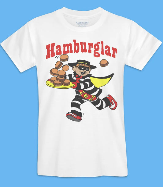 Men's Unisex white short sleeve t shirt featuring Hamburglar text and character