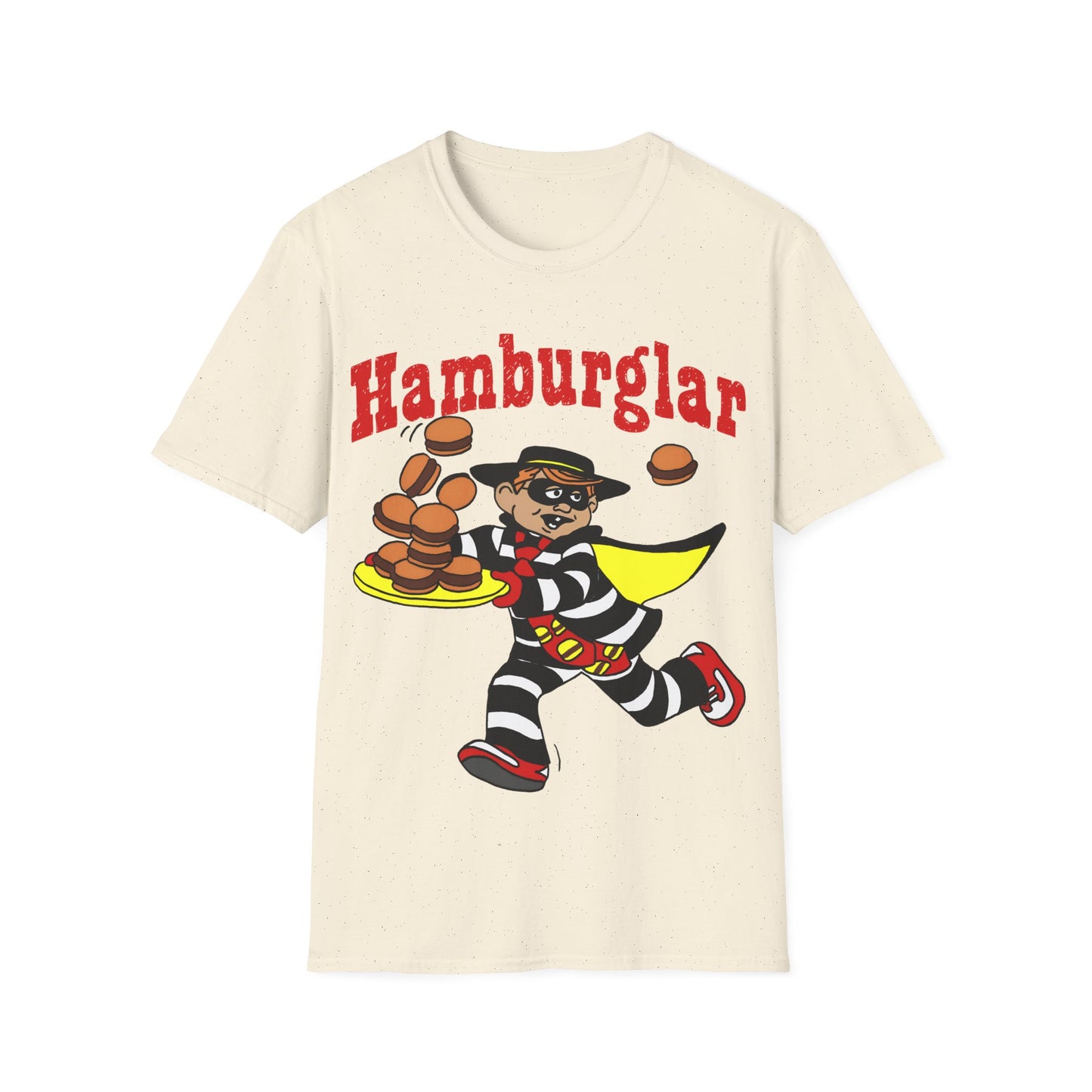 Beige t-shirt with cartoon character and 'Hamburglar' text on a white background